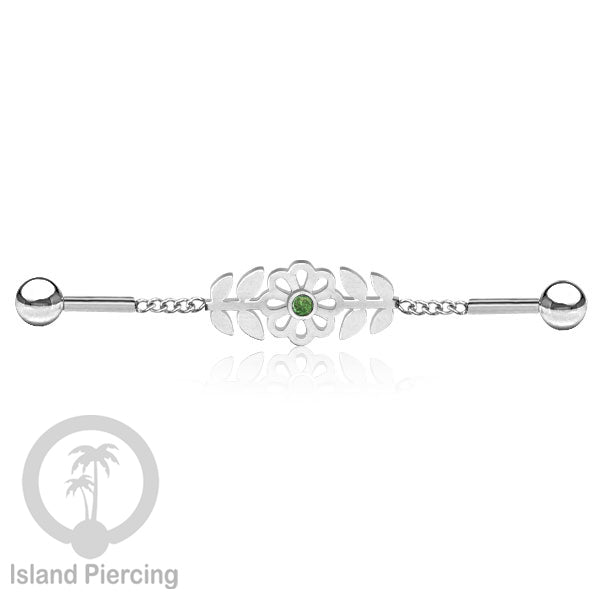 Anting Industrial Piercing Stainless rantai warna silver desain bunga dengan daun dan warna epoxy