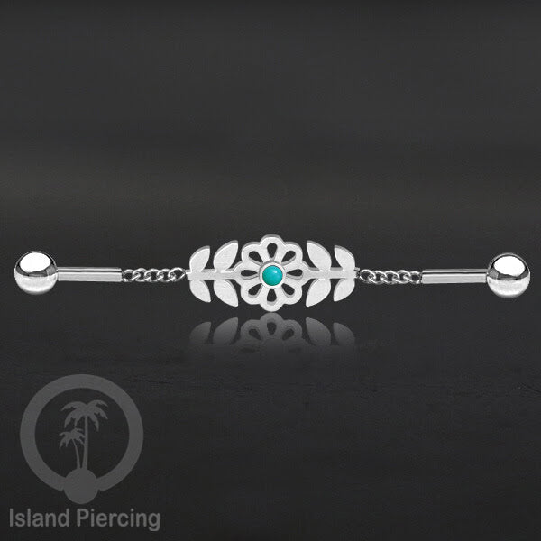 Anting Industrial Piercing Stainless rantai warna silver desain bunga dengan daun dan warna epoxy