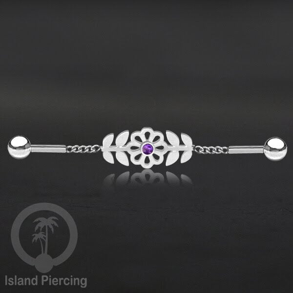 Anting Industrial Piercing Stainless rantai warna silver desain bunga dengan daun dan warna epoxy