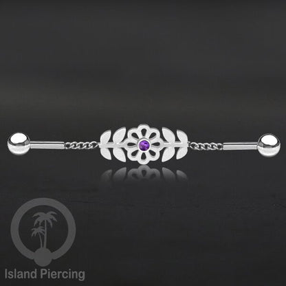 Anting Industrial Piercing Stainless rantai warna silver desain bunga dengan daun dan warna epoxy