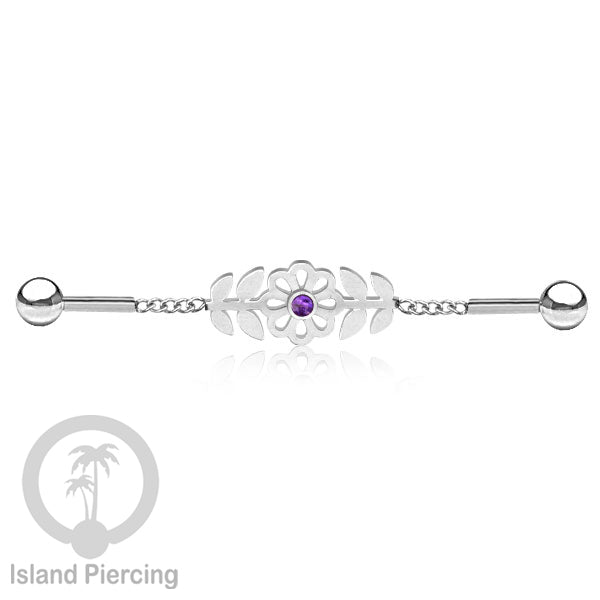 Anting Industrial Piercing Stainless rantai warna silver desain bunga dengan daun dan warna epoxy
