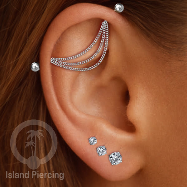 Anting Industrial Piercing Stainless Rantai warna Silver Desain yang Unik