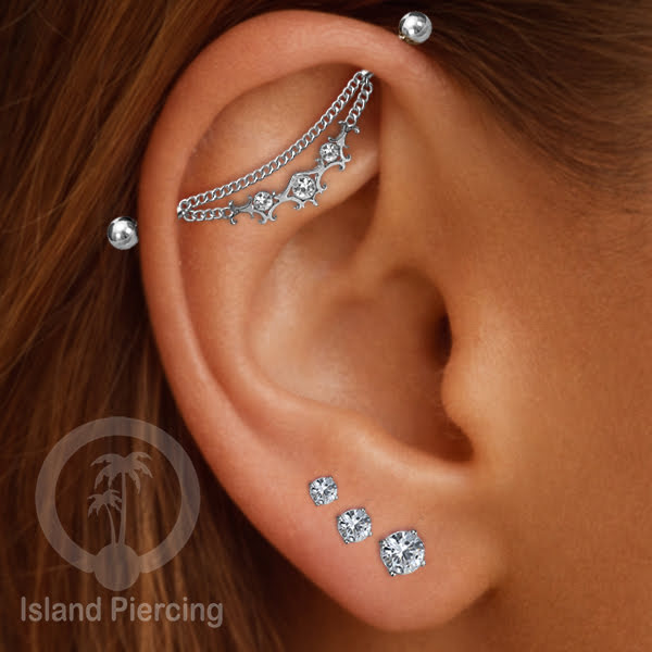Anting Industrial Piercing Stainless Rantai warna Silver Desain yang Unik