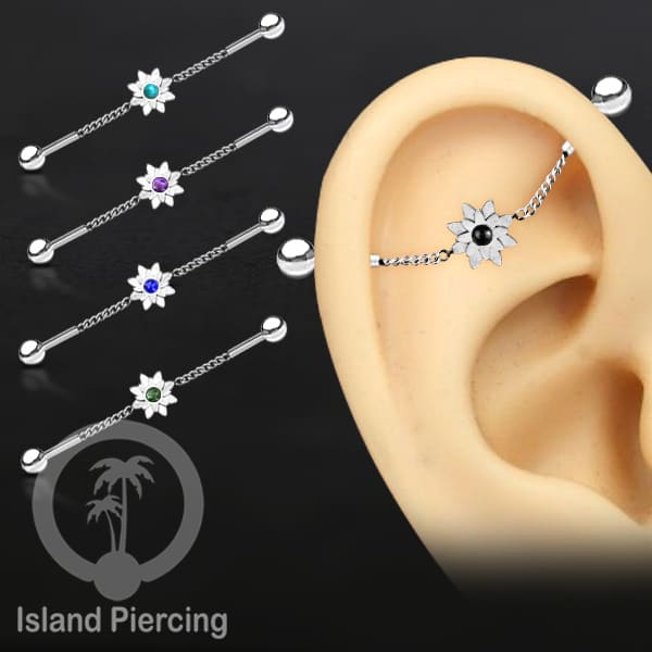 Anting Industrial Piercing Stainless rantai warna silver desain bunga dengan warna epoxy