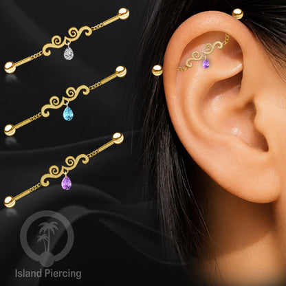 Anting Industrial Piercing Stainless rantai warna gold dengan kristal banyak pilihan warna