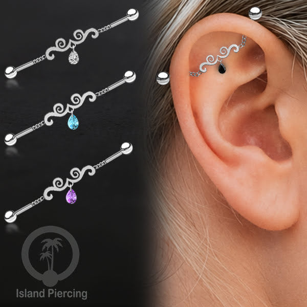 Anting Industrial Piercing Stainless rantai warna silver dengan kristal banyak pilihan warna