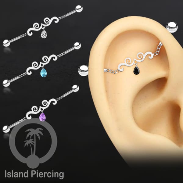 Anting Industrial Piercing Stainless rantai warna silver dengan kristal banyak pilihan warna