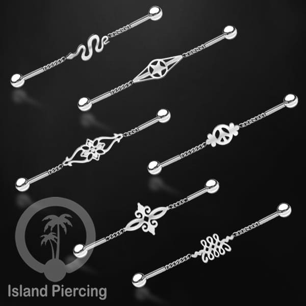 Anting Industrial Piercing Stainless rantai warna silver dengan 6 pilihan desain