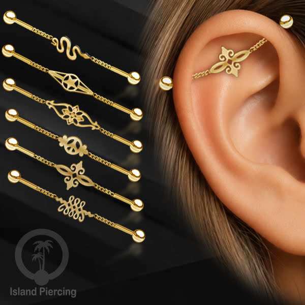 Anting Industrial Piercing Stainless rantai warna gold dengan 6 pilihan desain istimewa