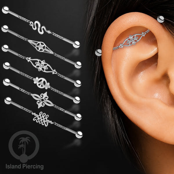 Anting Industrial Piercing Stainless rantai warna perak dengan 6 pilihan desain