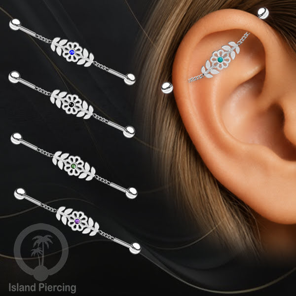 Anting Industrial Piercing Rantai stainless warna silver desain bunga dengan daun dan warna epoxy