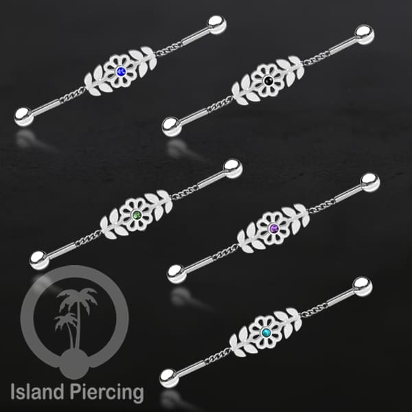 Anting Industrial Piercing Stainless rantai warna silver desain bunga dengan daun dan warna epoxy