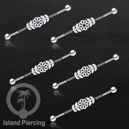 Anting Industrial Piercing Stainless rantai warna silver desain bunga dengan daun dan warna epoxy