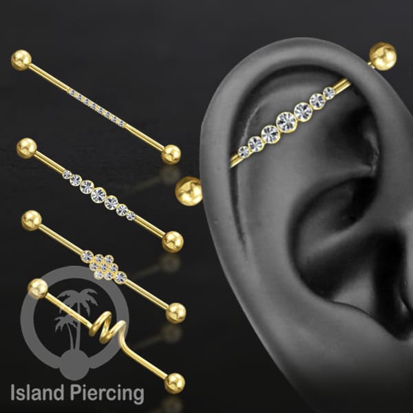 Anting Industrial Piercing stainless pilihan warna Gold dengan Kristal Zirconia