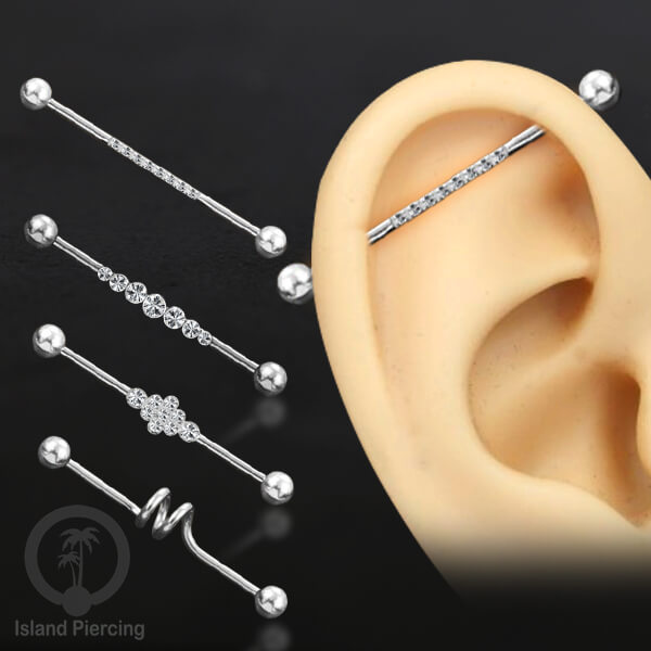 Anting Industrial Piercing stainless istemewa warna Silver dengan Kristal Zirconia