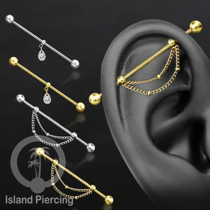 Anting Industrial Piercing stainless  warna Silver dengan Kristal Zirconia atau Rantai