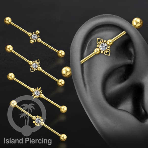 Anting Industrial Piercing stainless warna gold dengan Kristal banyak variasi model