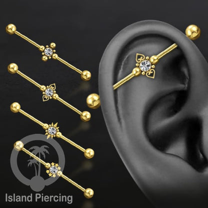 Anting Industrial Piercing stainless warna gold dengan Kristal banyak variasi model