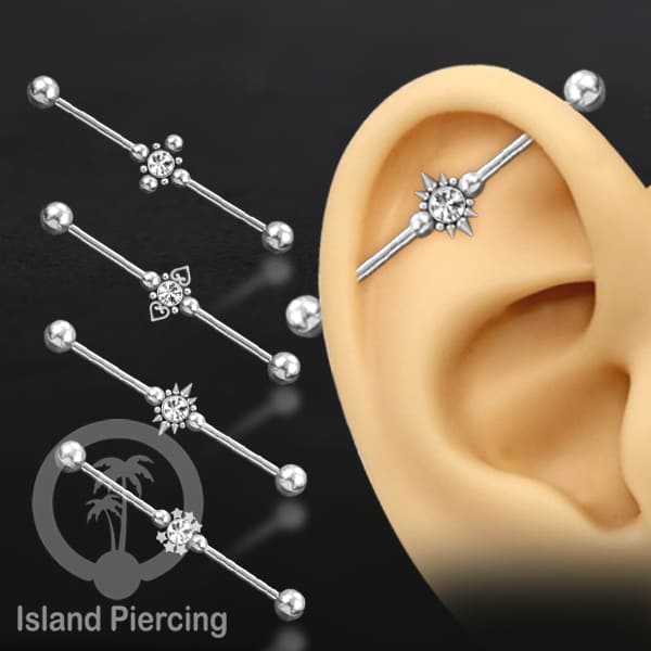 Anting Industrial Piercing stainless warna silver dengan Kristal banyak variasi model