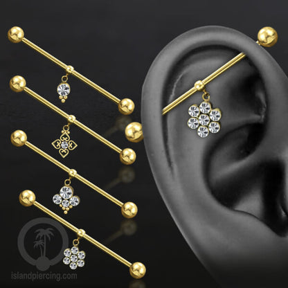 Anting Industrial Piercing stainless warna gold dengan Kristal Charm