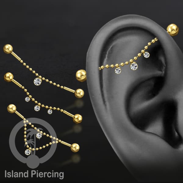 Anting Industrial Piercing stainless warna gold dekorasi kristal buat dari Rantai