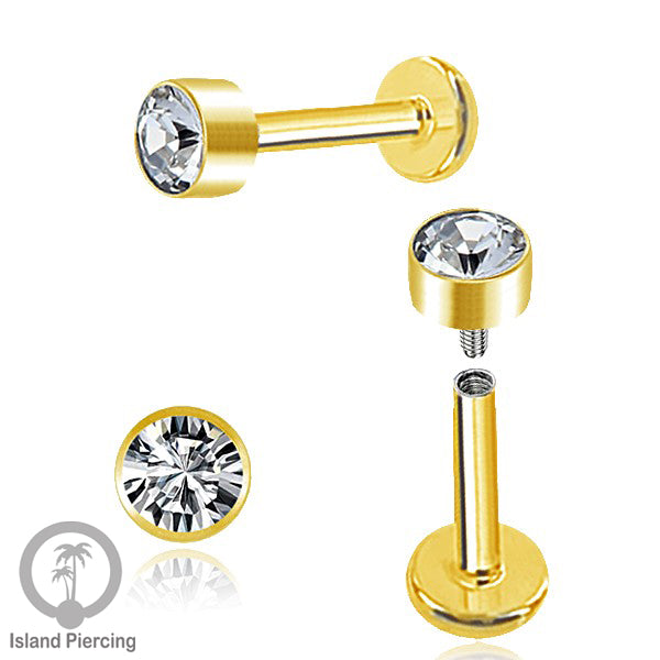 Anting Tindik Labret Kristal Stainless warna PVD Gold Tragus, Daith &amp; Helix Piercing