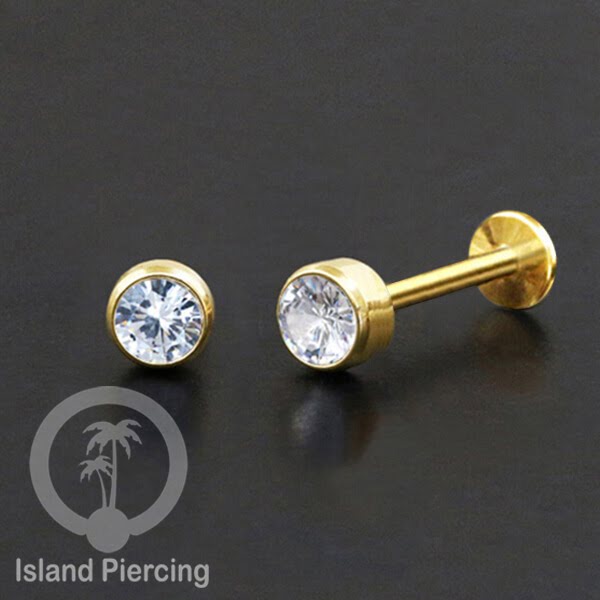 Anting Tindik Labret Kristal Stainless warna PVD Gold Tragus, Daith &amp; Helix Piercing