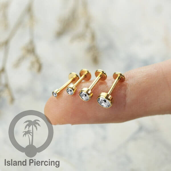 Anting Tindik Labret Kristal Stainless warna PVD Gold Tragus, Daith &amp; Helix Piercing