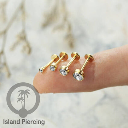 Anting Tindik Labret Kristal Stainless warna PVD Gold Tragus, Daith &amp; Helix Piercing