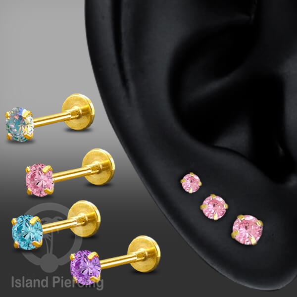Piercing Labret Kristal warna-warni Anting Stainless warna Gold Helix &amp; Tragus