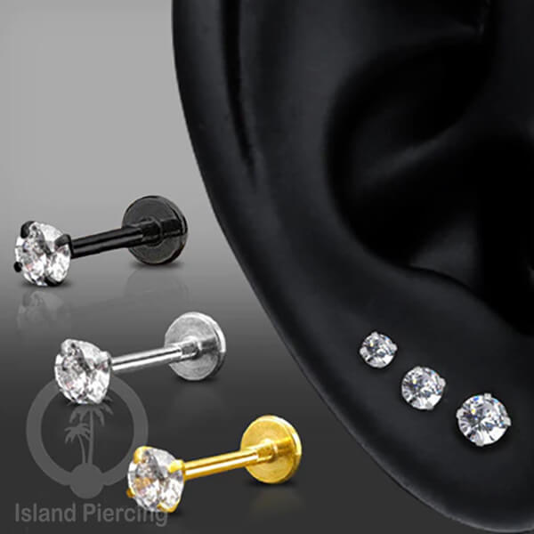 Piercing Labret kristal bening Anting Tindik baja Stainless Helix &amp; Tragus ukuran kristal 2.5-5mm