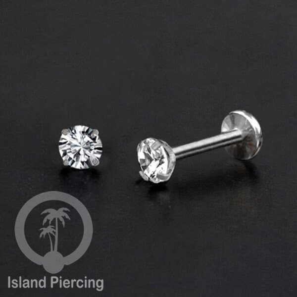 Piercing Labret kristal bening Anting Tindik baja Stainless Helix &amp; Tragus ukuran kristal 2.5-5mm