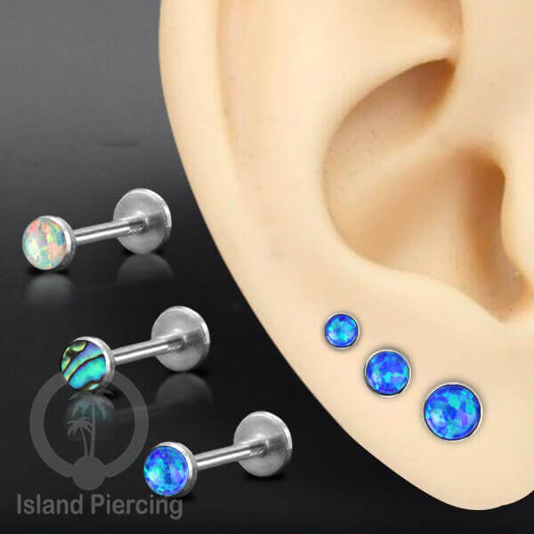 Tindik Anting Labret Piercing Stainless warna Silver dengan Batu Opal biru, Opal putih &amp; Kerang Paua