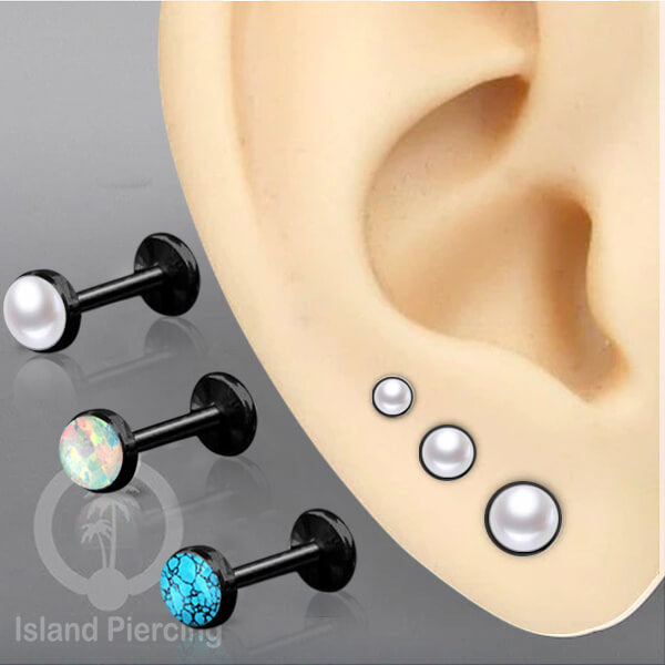 Piercing labret &amp; helix stainless steel warna hitam PVD dan batu ukuran 2,3 &amp; 4mm