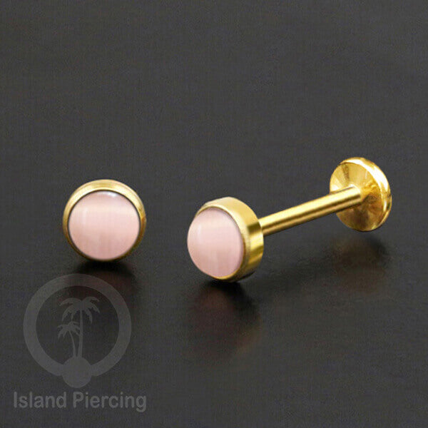 Tindik Anting Labret Piercing Stainless warna Silver dengan Batu Onyx, Turquoise &amp; Pink Cateye