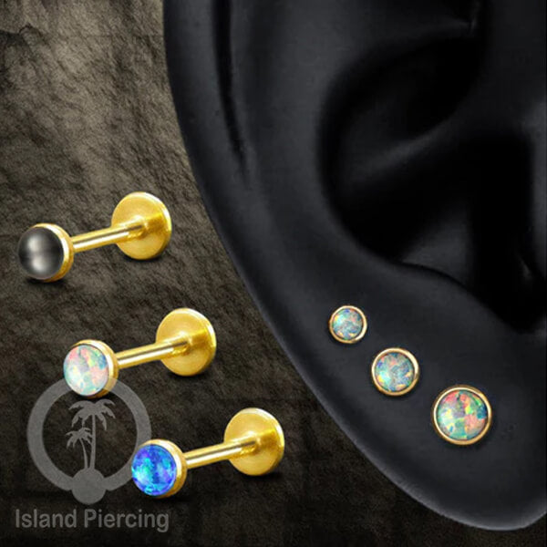 Tindik Anting Labret Piercing Stainless warna Silver dengan Batu Opal biru, Opal putih &amp; Mutiara Hitam