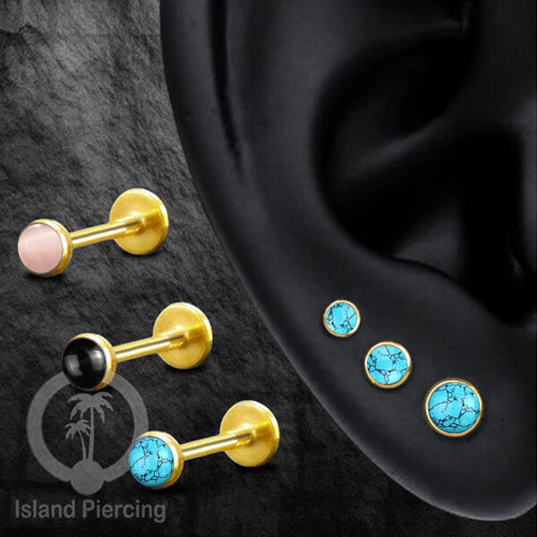 Tindik Anting Labret Piercing Stainless warna Silver dengan Batu Onyx, Turquoise &amp; Pink Cateye