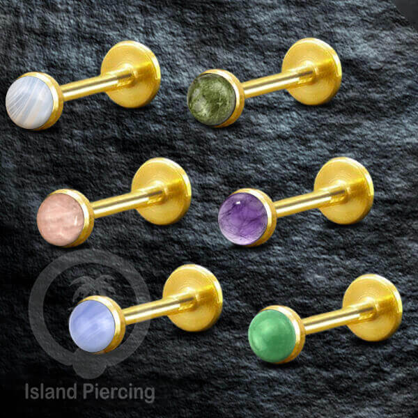 Anting Tindik Labret Baja Stainless warna Gold Tragus, Daith &amp; Helix Piercing dengan Batu Asli
