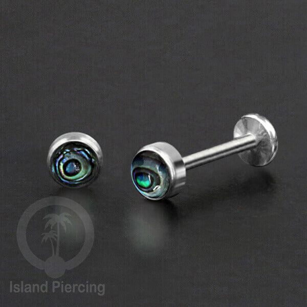 Tindik Anting Labret Piercing Stainless warna Silver dengan Batu Opal biru, Opal putih &amp; Kerang Paua
