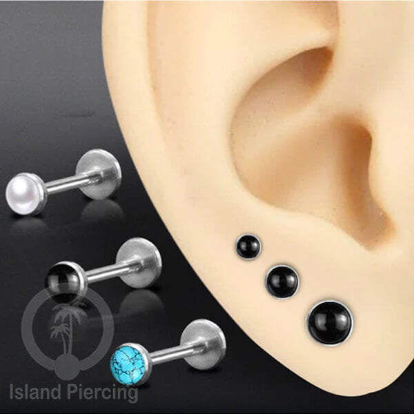 Tindik Anting Labret Piercing Stainless warna Silver dengan Onyx hitam, Turquoise, Mutiara Putih
