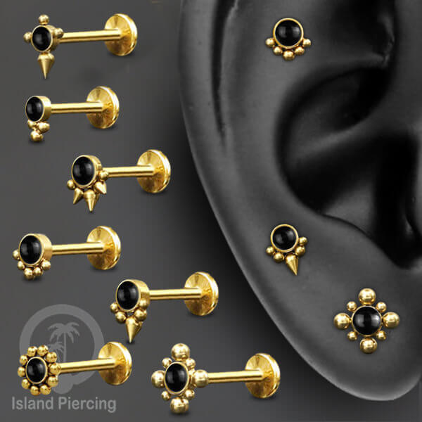 Anting Tindik Stainless Body Piercing Labret Helix &amp; Tragus, warna Gold dengan batu Onyx Hitam