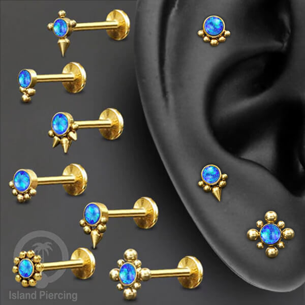 Anting Tindik Stainless Labret, Helix &amp; Tragus Piercing warna Gold dengan batu Opal Biru