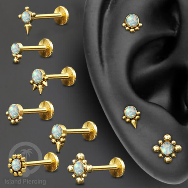 Anting Tindik Stainless Labret, Helix &amp; Tragus Piercing warna Gold dengan batu Opal Putih