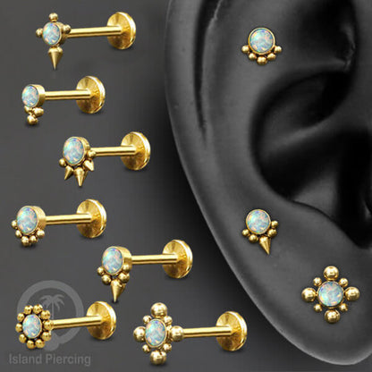 Anting Tindik Stainless Labret, Helix &amp; Tragus Piercing warna Gold dengan batu Opal Putih