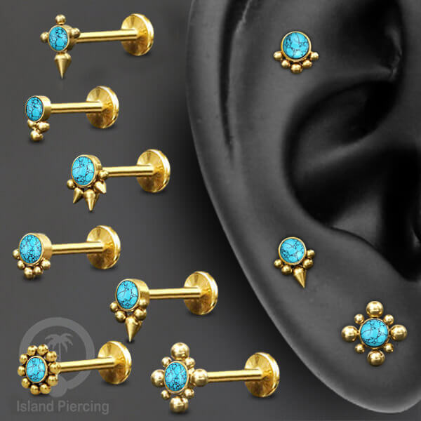 Anting Tindik Stainless Body Piercing Labret Helix &amp; Tragus, warna Gold dengan batu Turquoise