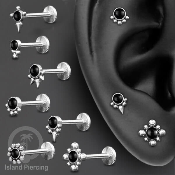 Anting Tindik Stainless Labret &amp; Tragus Piercing warna Silver dengan batu Onyx Hitam