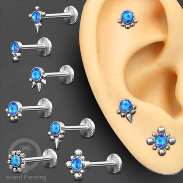 Anting Tindik Stainless Labret, Helix &amp; Tragus Piercing warna Silver dengan batu Opal Biru