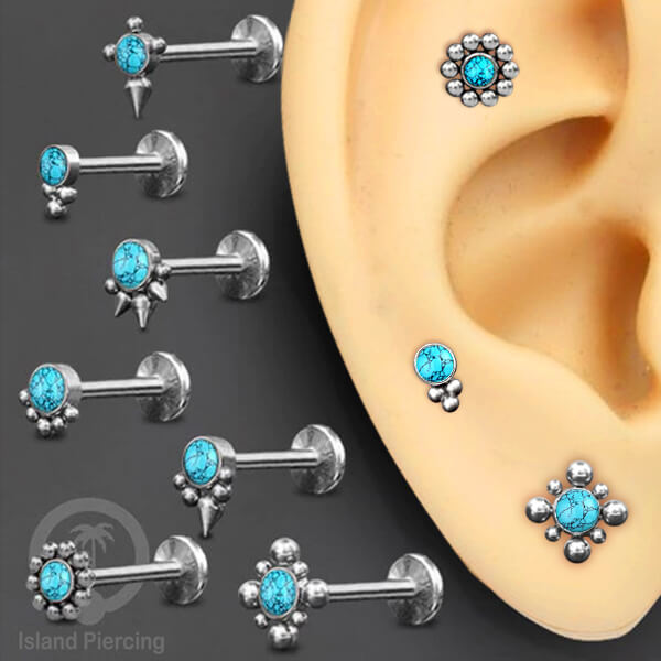 Anting Tindik Stainless Labret &amp; Tragus Piercing warna Silver dengan batu Turquoise