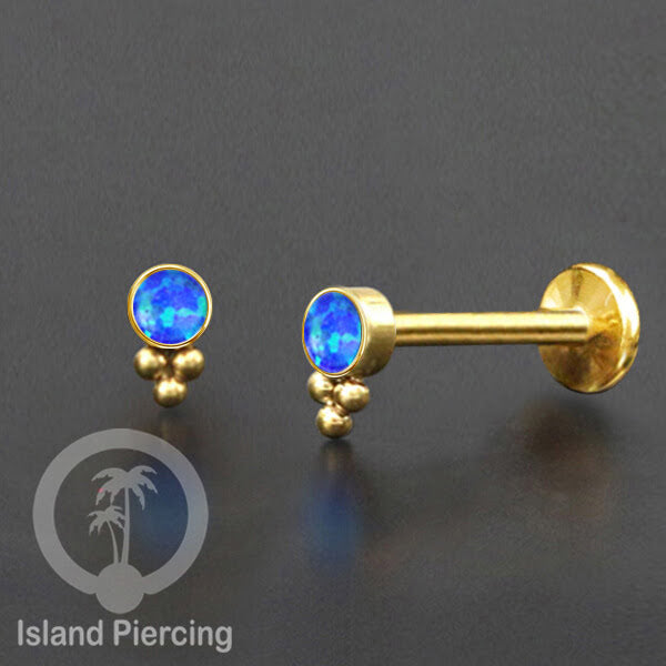 Anting Tindik Stainless Labret, Helix &amp; Tragus Piercing warna Gold dengan batu Opal Biru