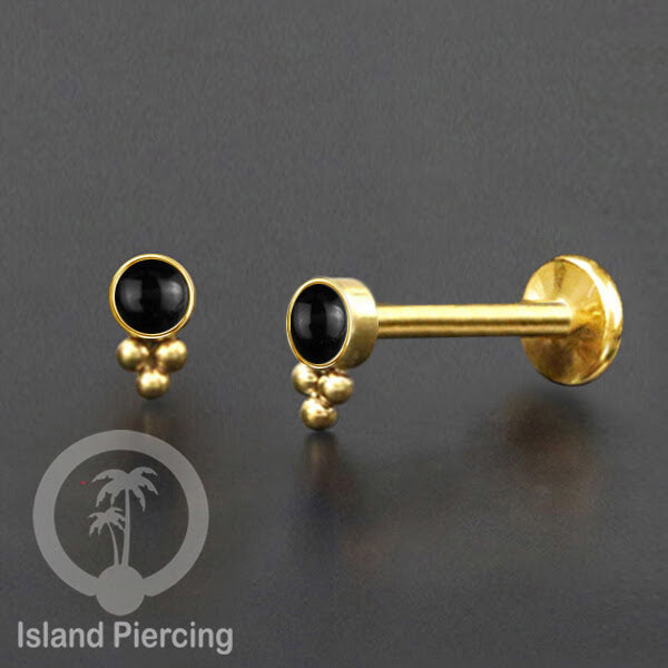 Anting Tindik Stainless Body Piercing Labret Helix &amp; Tragus, warna Gold dengan batu Onyx Hitam